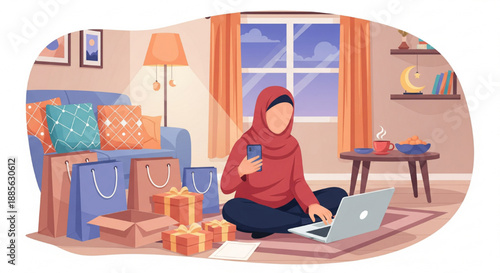 modern lifestyle hijab woman online shopping cozy living room smartphone laptop digital communication illustration