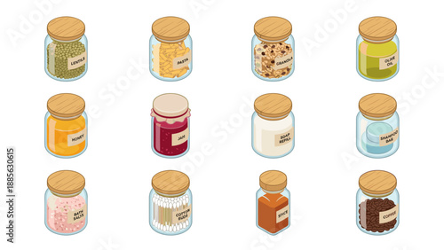 Isometric Vector Set of 12 Zero Waste Glass Jars with Wooden Lids for Sustainable Living. Eco-Friendly Storage Containers for Food, Pantry Staples, Toiletries, Coffee, Honey, Jam, and Bath Salts.