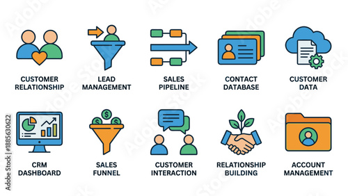 CRM icons. Customer relationship management symbols. Business sales pipeline. Lead database. Marketing funnel. Dashboard data. Corporate account strategy. Service interface set.