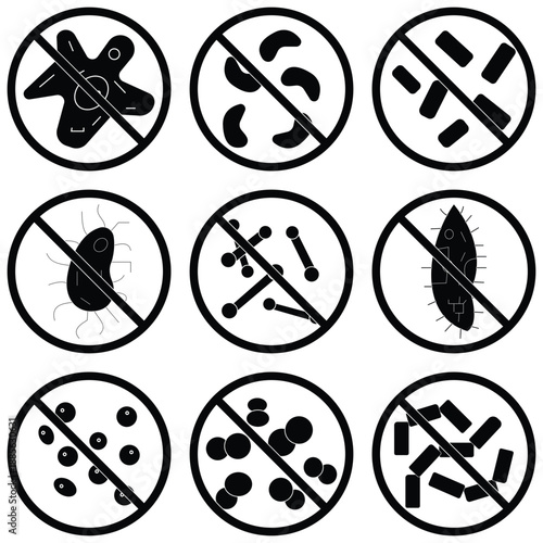 Antibacterial & Antiviral Protection Icons Set – Stop Germs, Bacteria, and Virus Vector Symbols