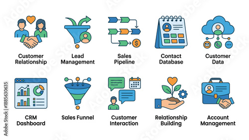 CRM icons set. Customer relationship management symbols. Sales pipeline funnel lead data analysis. Contact database interaction. Account building strategy. Corporate marketing vector