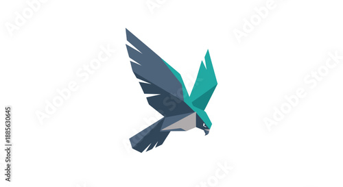 Polygonal bird with blue-green plumage flies against a white background