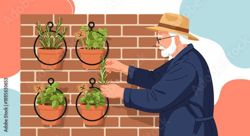 Senior Man Gardening Herbs in Decorative WallMounted Planters.