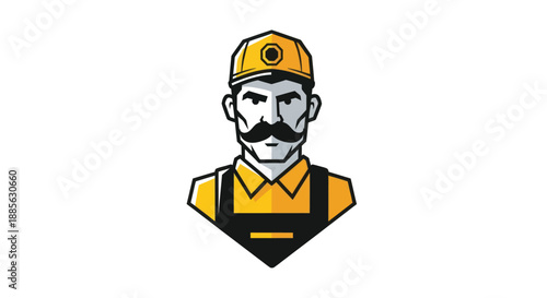 Man with mustache, wearing hard hat and overalls