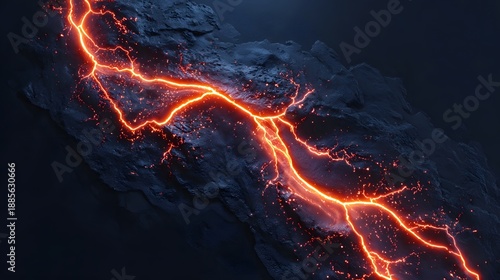 Abstract view of a volcanic fissure crack filled with bright glowing molten lava illuminating the surrounding dark rugged rock surface with intense heat and energy