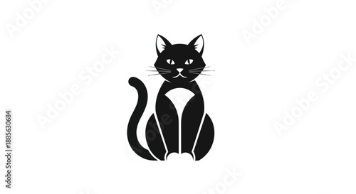Stylized, seated black cat with curled tail