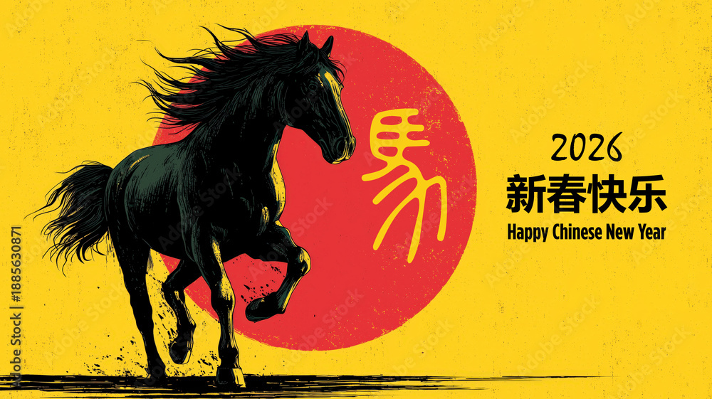 Fototapeta premium Cheval noir en mouvement sur fond jaune pour le Nouvel An chinois 2026