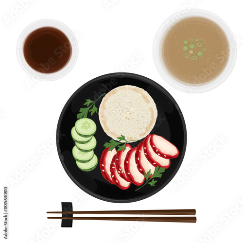 Vector Illustration logo Clip art Top View Chicken Char Siu with Hainan Rice