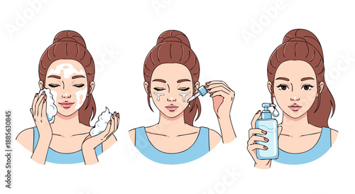 Beautiful woman's skincare routine vector illustration, graphic illustration of facial cleansing and serum application
