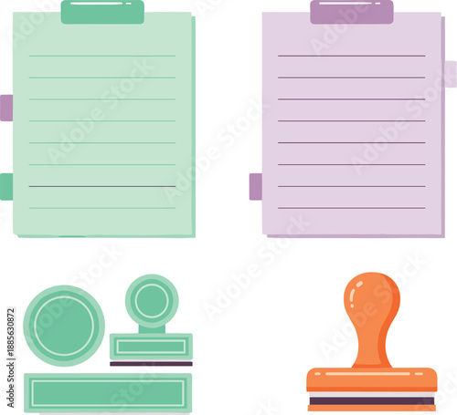 Office supplies icon set, clipboard and stamp illustrations, flat design stationery graphics, documentation tools, approval process symbols