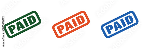 Collection of vibrant 'paid' stamp icons in green, orange, and blue for financial status vector illustration.