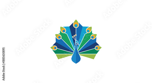 Stylized peacock in blues, greens, and gold