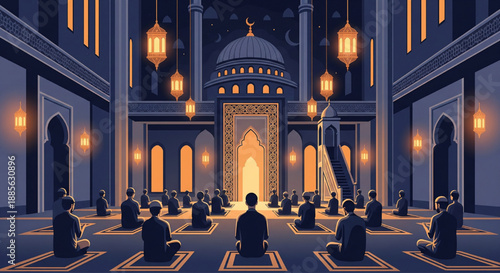 mosque prayer meditation communal worship islamic architecture lanterns arches crescent moon stars illustration
