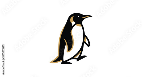 Graphic of a penguin in black, white and gold