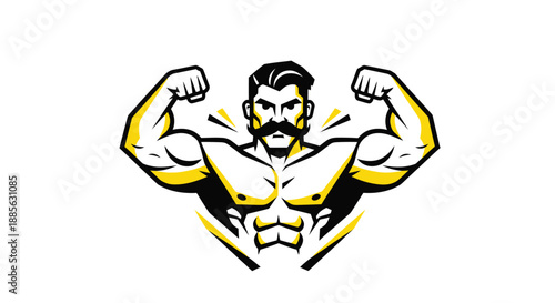 Muscled man with a mustache flexing biceps