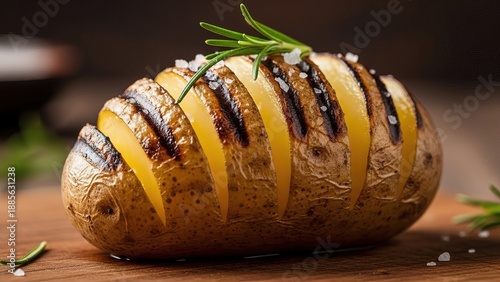 Grilled Hass Avocado Halves Stuffed with Seasoning on Wooden Board