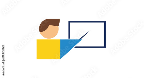 Simplified figure pointing at a whiteboard