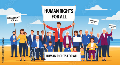 Diverse Group of People Holding Human Rights for All Banner Vector Illustration on Beach