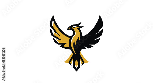 Gold and black stylized phoenix on a white backdrop