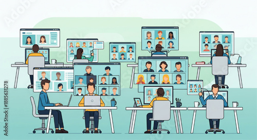 virtual office remote work collaboration video conferencing digital workspace modern teamwork illustration