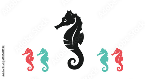 Seahorse grouping large black one centered, flanked by smaller coral and turquoise