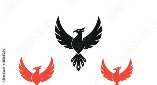 Triumphant phoenix emblem in black, flanked by two in red, wings spread