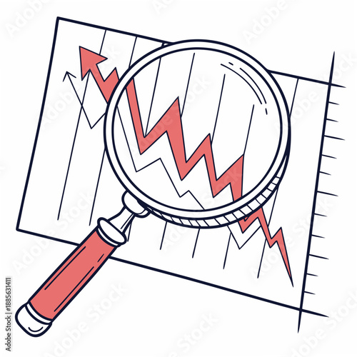 Magnifying glass focused on fluctuating chart graph