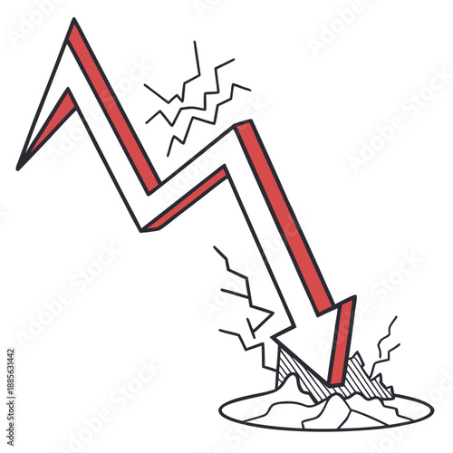 Broken red arrow crashing down symbolizing market decline on white background