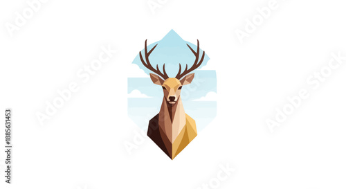 Geometric deer illustration, stylized, facing forward, with mountain scene; for nature/ wildlife designs, logos, or branding
