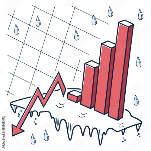 Melting red bar graph with downward trend and water droplets