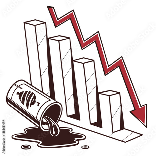 Melting bar graph with red downward trend and spilled oil can