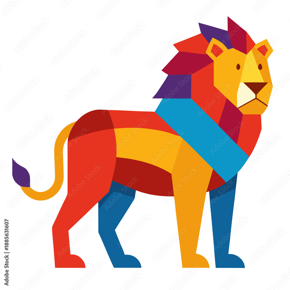 Obraz premium Lion vector illustration, colorful flat style, vibrant mane, clean shapes, isolated on white background