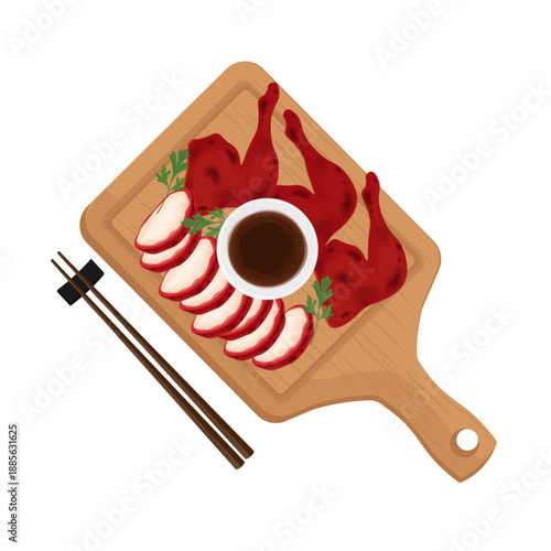 Vector Illustration logo Clip art Top View Whole and Slice Char Siu Chicken