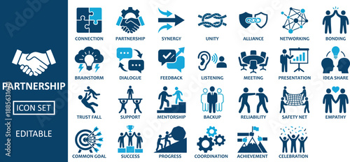 Business partnership and teamwork icon set for collaboration and success
