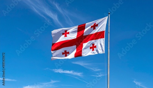 Georgian Five Cross Flag Waving Against Blue Sky
