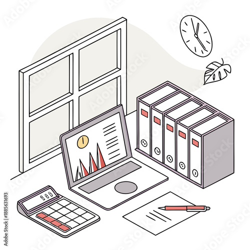 Office workspace with laptop calculator binders and paper