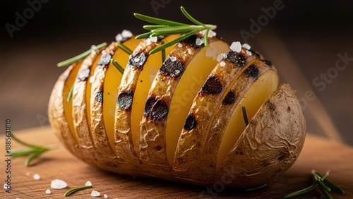 Grilled potato stuffed with cheese and blueberries on rustic wooden board