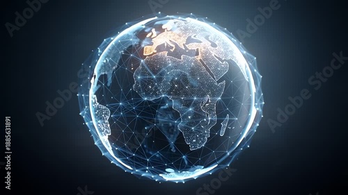 A futuristic globe with a network of glowing blue lines and nodes on a dark background with a cinematic lighting effect.