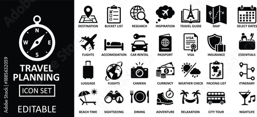 Travel planning icons set featuring destination maps bucket list research inspiration and hotel accommodation pictograms for vacation itinerary organization and holiday preparation