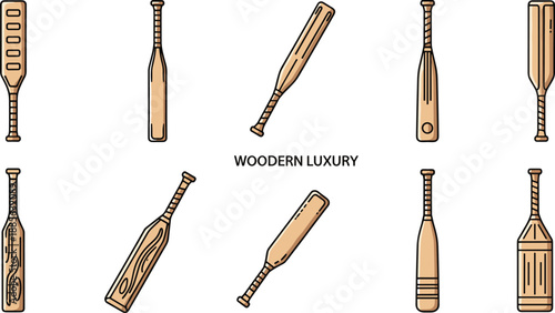 Stylized wooden baseball bat icon set, luxury sports equipment vector illustration, editable design, isolated athletic gear symbols