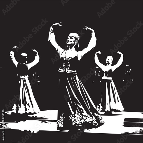 Traditional Bellydance Performance by Dancers on Stage.