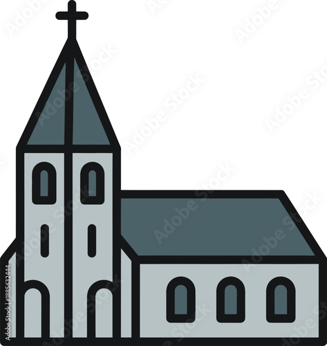 Church Building Vector Icon with Steeple and Cross - Religious Architecture