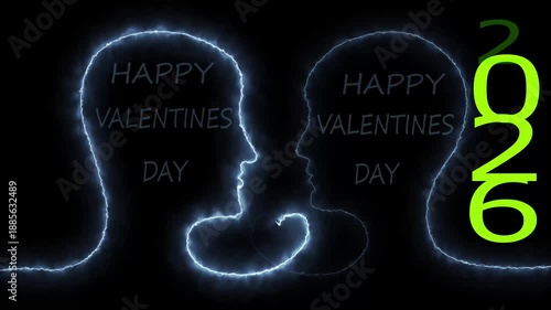 14th February Happy Valentine’s Day 2026 neon sign with glowing heart and romantic couple face outline on dark background.