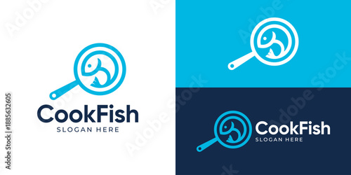 Creative simple cook fish logo template. Cooking fish for seafood logo design vector illustration.