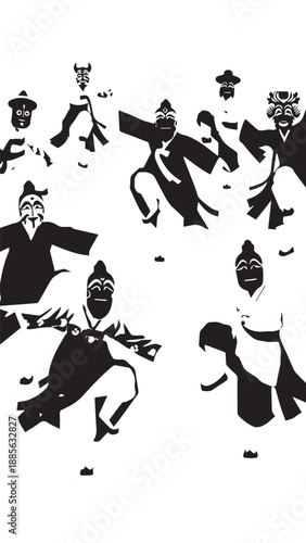 Black and white silhouettes of masked figures in dynamic action and choreographed poses.