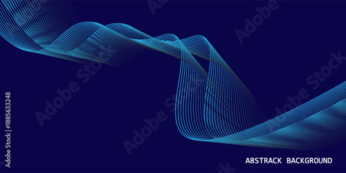 Abstract futuristic background, flowing neon blue light waves made of thin parallel lines, smooth ribbon-like curves, dynamic motion, dark navy blue background
