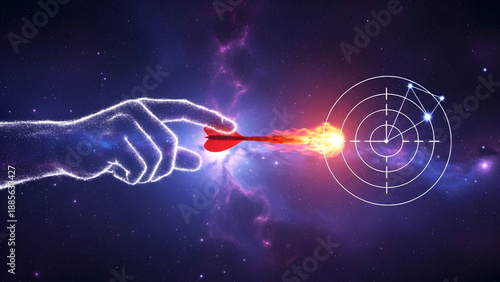 Glowing hand launching fiery dart at starry target in space