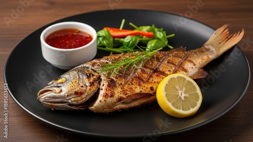 Grilled whole fish with lemon and salad on black plate dining setup