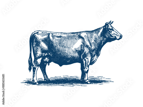 A vintage-style blue ink engraving depicts a robust beef cow in profile, showcasing its muscular build and detailed anatomical features. Hand drawn engraving style vector.