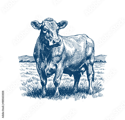 A realistic blue ink drawing of a bull standing in a grassy field, showcasing its muscular build and textured hide. Hand drawn engraving style vector.